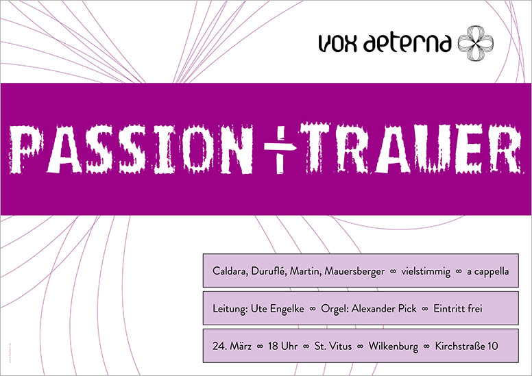 Konzertplakat "Passion + Trauer" des 16-stimmigen Vokalensembles vox aeterna aus Hannover