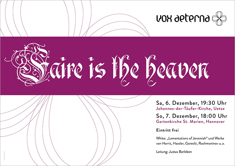 Konzertplakat "Faire ist the Heaven" des 16-stimmigen Vokalensembles vox aeterna aus Hannover