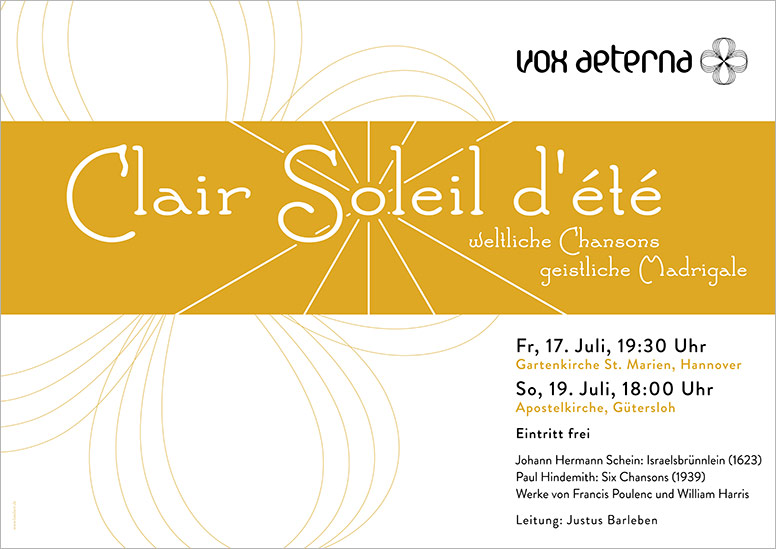 Konzertplakat "Clair Soleil d'été – weltliche Chansons, geistliche Madrigale" des 16-stimmigen Vokalensembles vox aeterna aus Hannover