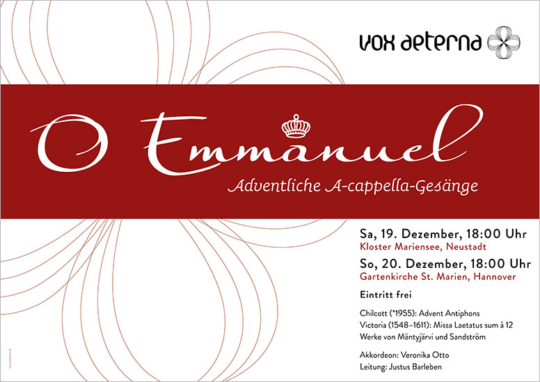 Konzertplakat "O Emmanuel – Adventliche A-cappella-Gesänge" des 16-stimmigen Vokalensembles vox aeterna aus Hannover