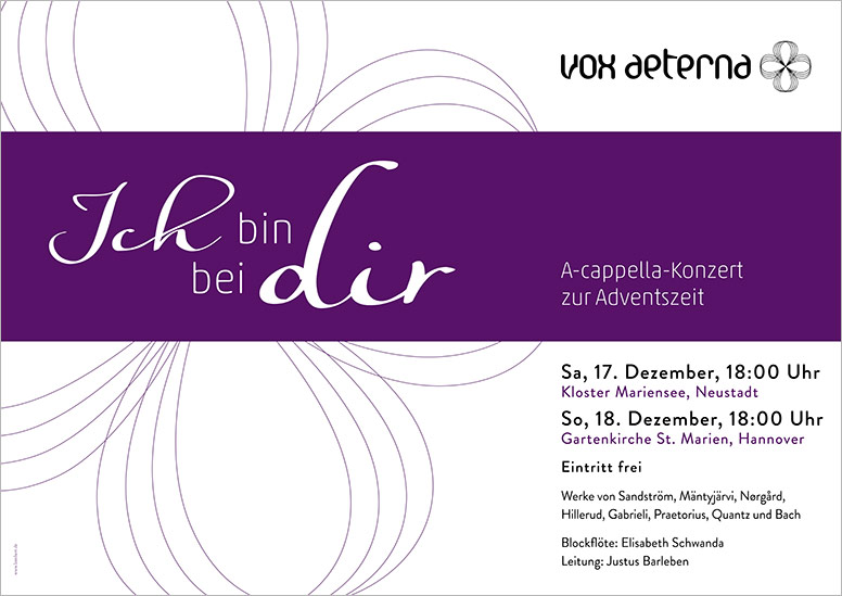 Konzertplakat "Ich bin bei dir – A-cappella-Konzert zur Adventszeit" des 16-stimmigen Vokalensembles vox aeterna aus Hannover