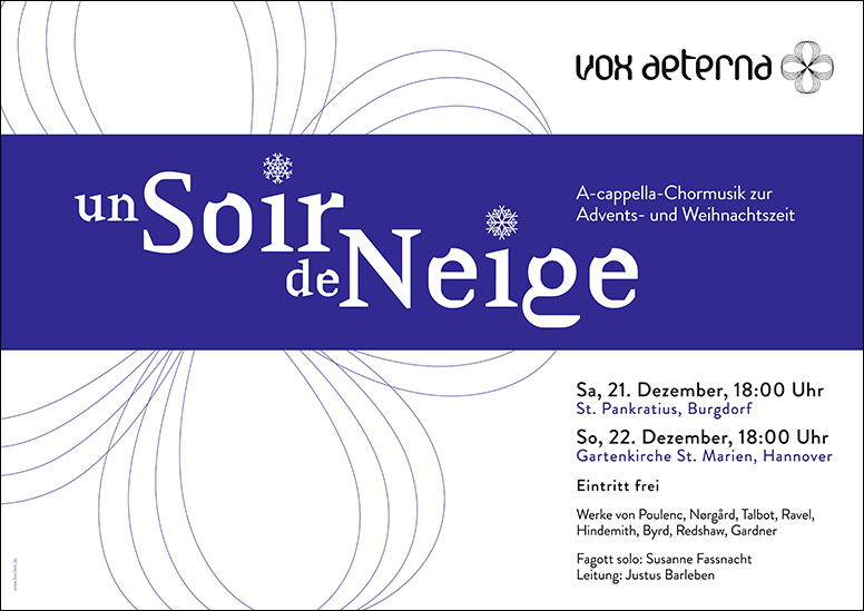 Konzertplakat "Un Soir de Neige – A-cappella-Chormusik zur Advents- und Weihnachtszeit" des 16-stimmigen Vokalensembles vox aeterna aus Hannover