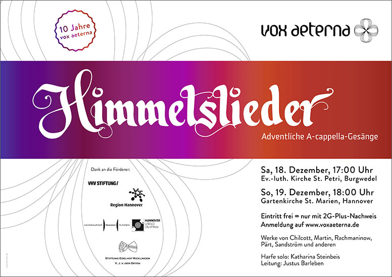 Konzertplakat "Himmelslieder – Adventliche A-cappella-Gesänge" des 16-stimmigen Vokalensembles vox aeterna aus Hannover