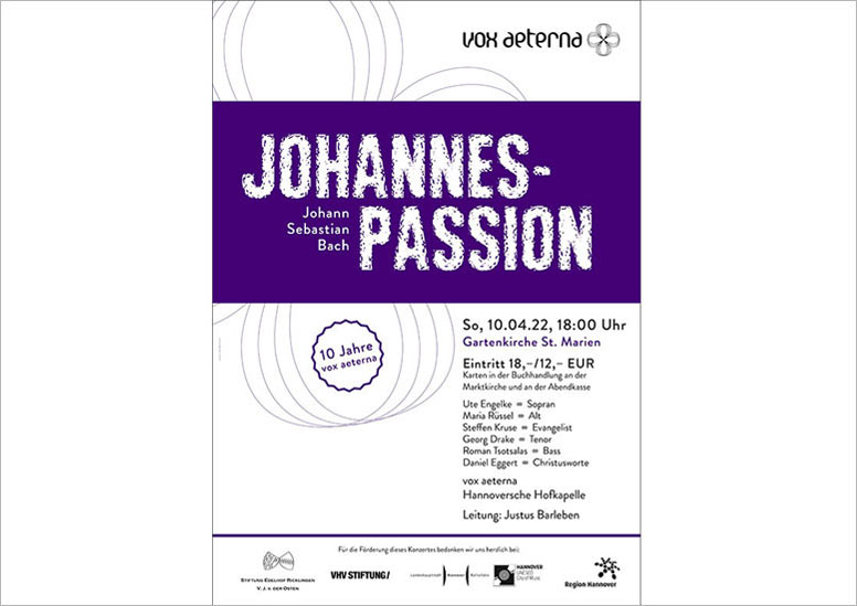 Konzertplakat "Johannespassion – Johann Sebastian Bach" des 16-stimmigen Vokalensembles vox aeterna aus Hannover