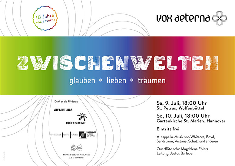 Konzertplakat "Zwischenwelten – glauben, lieben, träumen" des 16-stimmigen Vokalensembles vox aeterna aus Hannover