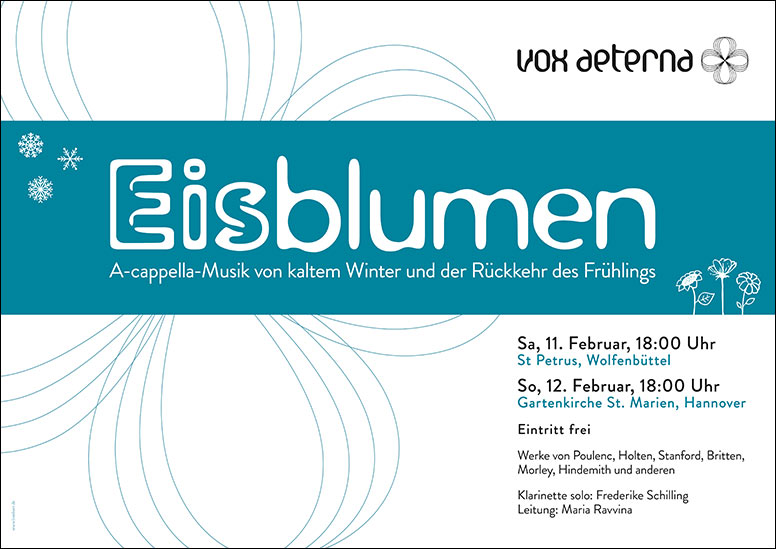 Konzertplakat "Eisblumen – A-cappella-Musik von kaltem Winter und der Rückkehr des Frühlings" des 16-stimmigen Vokalensembles vox aeterna aus Hannover